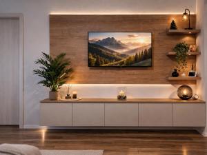a living room with a tv on the wall at LUMO Terrace Studio with Private Parking near Coresi in Braşov