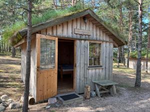 a small wooden shed with a grass roof at Ülesaare kämping in Kelnase +8 photos