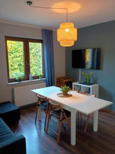 a dining room with a white table and chairs at Dom Mazurska Apartamenty in Rydzewo