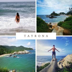 a collage of photos of a woman standing on a beach at Hotel Excelsum Tayrona in Calabazo +51 photos
