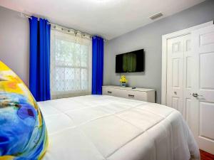 a bedroom with a large white bed with blue curtains at Private 2BR 10 Min to Airport & Downtown in Jacksonville +18 photos