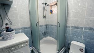 a bathroom with a shower with a toilet and a sink at Bozcaada Bag Evi in Bozcaada +28 photos