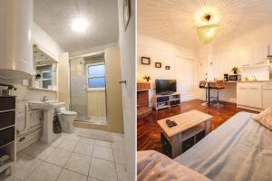 two images of a bathroom and a living room at Le 5BG Signature in Dunkerque