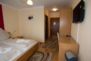 a room with a bed and a desk with a television at Hotel Rhein-Mosel-View in Koblenz