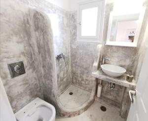 a bathroom with a shower and a toilet and a sink at Meltemi Chora Amorgos Panoramic View in Amorgos