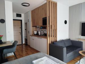a living room with a couch and a kitchen at Studio Sky in Smederevo