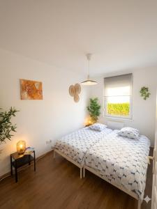 a bedroom with a bed and a window at Studio cosy avec parking, tram direct Strasbourg 7 min in Illkirch-Graffenstaden