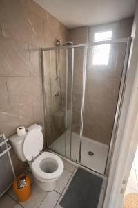 a bathroom with a shower stall and a toilet at Studio cosy avec parking, tram direct Strasbourg 7 min in Illkirch-Graffenstaden