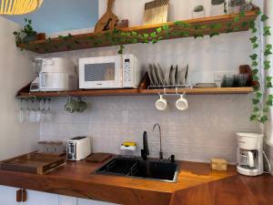 a kitchen counter with a sink and a microwave at BoHo Galapagos in Puerto Ayora