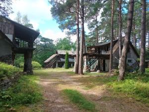 a house in the woods with a dirt road at Finstonia Guesthouse in Vääna-Jõesuu