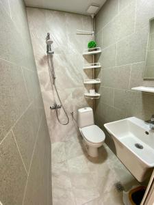 a bathroom with a shower and a toilet and a sink at Studio The Waterfall - Free Parking in Balchik +18 photos