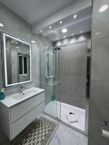 a bathroom with a shower and a sink and a mirror at B&S Accommodation Newly Renovated Penthouse 253 in Żejtun +16 photos