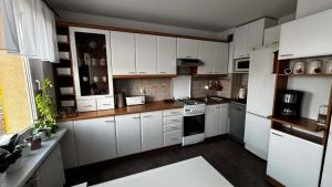 a kitchen with white cabinets and white appliances at Cracow View Rooms in Krakow