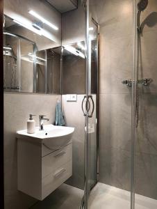 a bathroom with a sink and a shower at Przystanek Rozkochów in Rozkochów +55 photos
