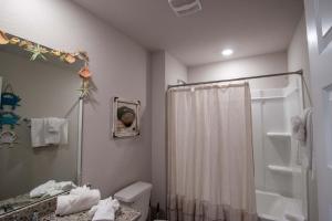 a bathroom with a shower and a toilet and a sink at Off the Grid in Foley