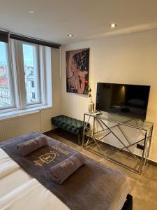 a living room with a bed and a flat screen tv at Loft City View in Budapest