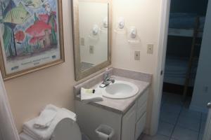 a bathroom with a sink and a mirror and a toilet at Sunsets and Palms in Gulf Shores +24 photos