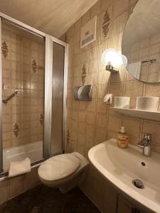 a bathroom with a toilet and a sink and a tub at Hotel Löwen in Blaubeuren +15 photos