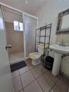 a bathroom with a shower and a toilet and a sink at Casa de playa El Artesano in Ixtapa +4 photos