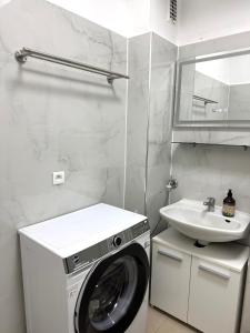 a washing machine in a bathroom with a sink at MIO Apartments Sulzbach in Schnappach