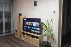 a flat screen tv in a living room with a plant at Apartman Centar 1 in Šabac