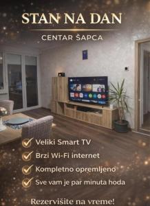 a sign for a living room with a tv in a room at Apartman Centar 1 in Šabac +4 photos
