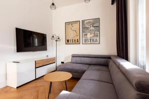 a living room with a couch and a tv at Willa 27P Aura Kaszub in Łączyno