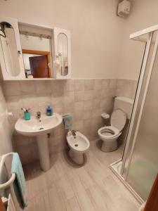 a bathroom with a sink and a toilet and a shower at Lo Scoiattolo e il Ghiro in Fiumalbo +37 photos