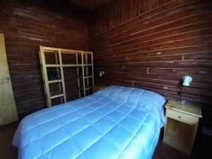 a bedroom with a blue bed in a wooden wall at La Ardilla Chueca in Luján +46 photos