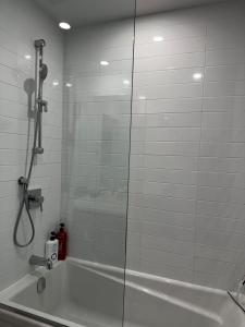 a shower in a bathroom with a glass shower stall at Condo "Imagine" - stationnement privé inclus in Quebec City +16 photos