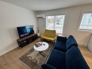 a living room with a blue couch and a tv at Modern Townhouse Room in Fredericton