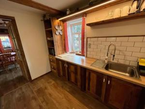 a kitchen with a sink and a counter top at Apartmány u Dostálů in Bedřichov