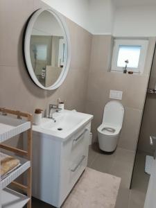 a bathroom with a sink and a mirror and a toilet at Casa Mia 2 in Punat +14 photos