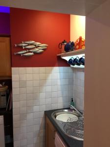uma casa de banho com um lavatório e uma parede vermelha em Artisan Studio em Tarbert