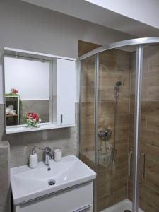a bathroom with a white sink and a shower at Kuća za odmor Elena in Vrlika +35 photos