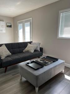 a living room with a couch and a coffee table at Lake Simcoe Beach Oasis with Backyard and Firepit in Georgina