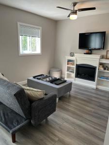 a living room with a couch and a tv at Lake Simcoe Beach Oasis with Backyard and Firepit in Georgina