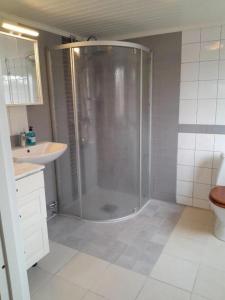 a bathroom with a shower and a sink at Borgahallen The Wedding Room in Rimbo
