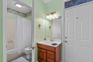 ein Badezimmer mit Waschbecken, Toilette und Spiegel in der Unterkunft Green Tree Inn in Elsah
