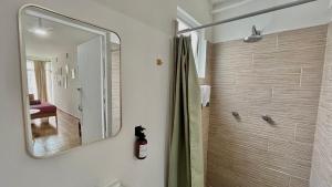 a bathroom with a shower and a mirror at Loft en Veracruz in Veracruz