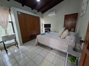 a bedroom with a bed and a desk and a window at Tulip House in Comayagua