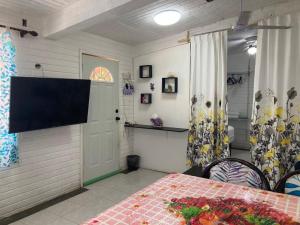 ein Schlafzimmer mit einem Flachbildfernseher an der Wand in der Unterkunft Full studio with parking in Bacalar