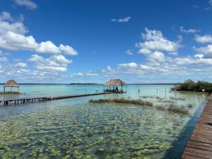 ein Dock mit einer Gruppe von Menschen im Wasser in der Unterkunft Full studio with parking in Bacalar