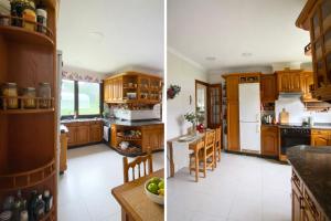 two images of a kitchen with wooden cabinets at Villa Lestedo in Lestedo