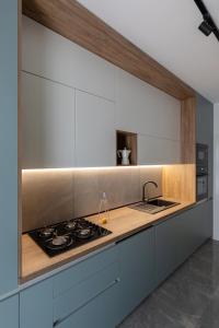 a kitchen with a stove and a counter top at The Aristocrat by D'or Selection in Bucharest