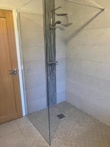 a shower with a glass door in a bathroom at Dannys Haven in Ballagh Cross Roads