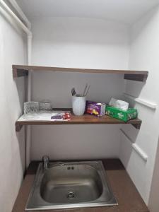 a sink in a kitchen with a shelf above it at Eroilor Downtown Studio in Cluj-Napoca