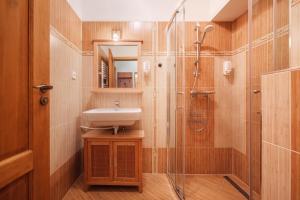 a bathroom with a sink and a shower at Penzion U Leopolda in Brno +79 photos