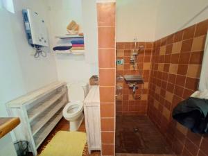 a small bathroom with a toilet and a shower at Maison avec bungalow Ylang in Uturoa +27 photos