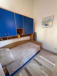 a bedroom with blue cabinets and a bed in it at Petrovac Pearl Apartment in Petrovac na Moru +19 photos